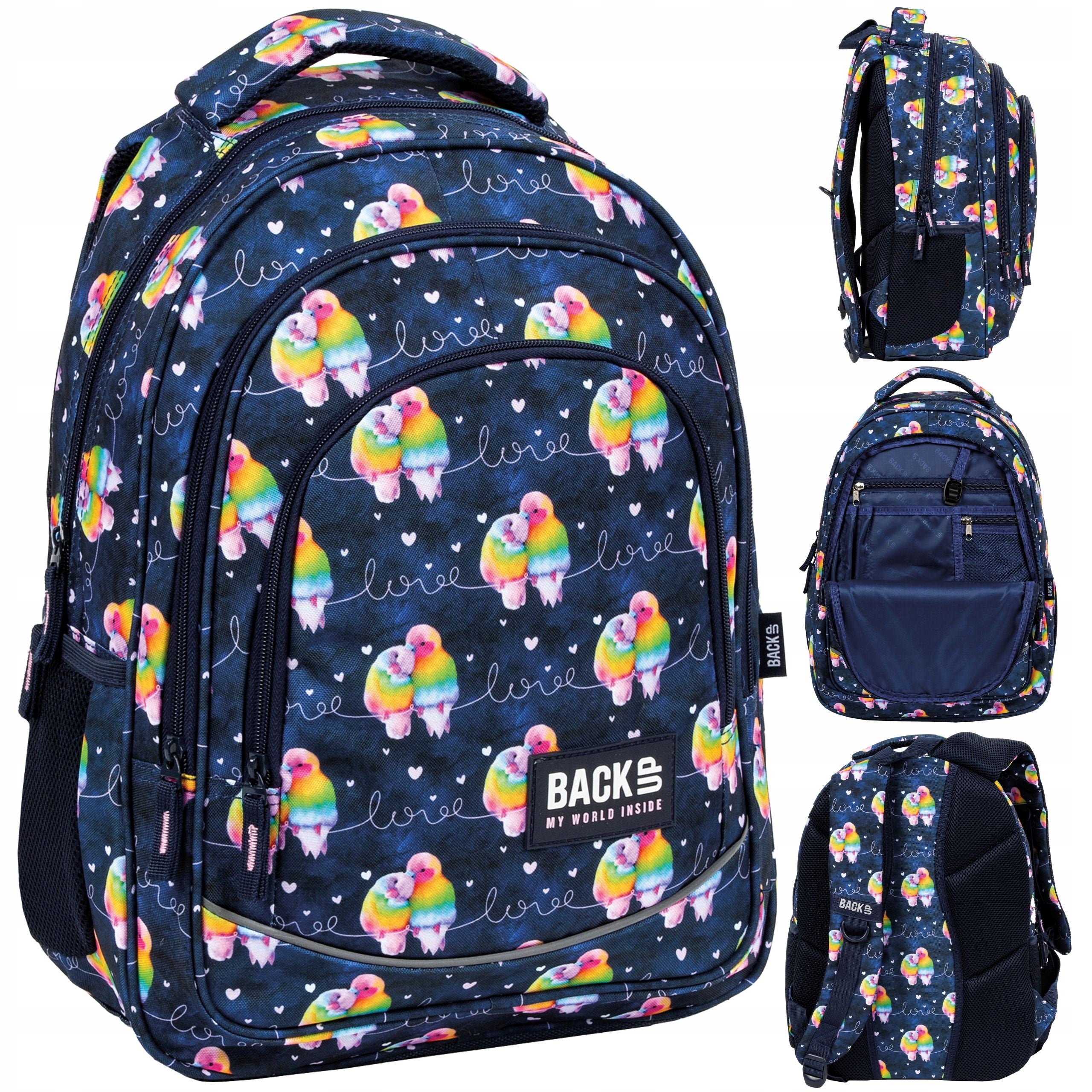 Ghiozdan scolar ergonomic, Zola, compartimente multiple, 42 x 30 x 20 cm, elemente reflectorizante, model Papagali indragostiti, albastru Ghiozdan scolar ergonomic, Zola, compartimente multiple, 42 x 30 x 20 cm, elemente reflectorizante, model Papagali indragostiti, albastru